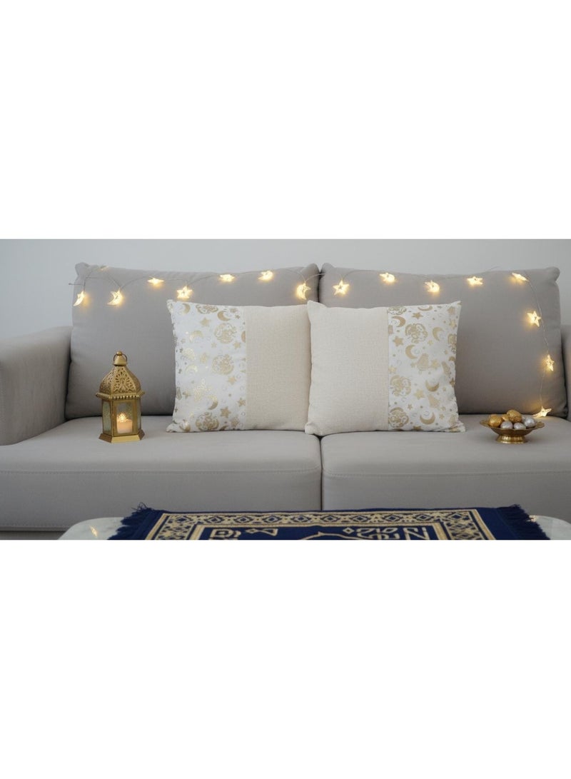 2 Ramadan cushion covers, 40*40 cm, off-white and gold color, with Ramadan designs and shapes, without filling.
